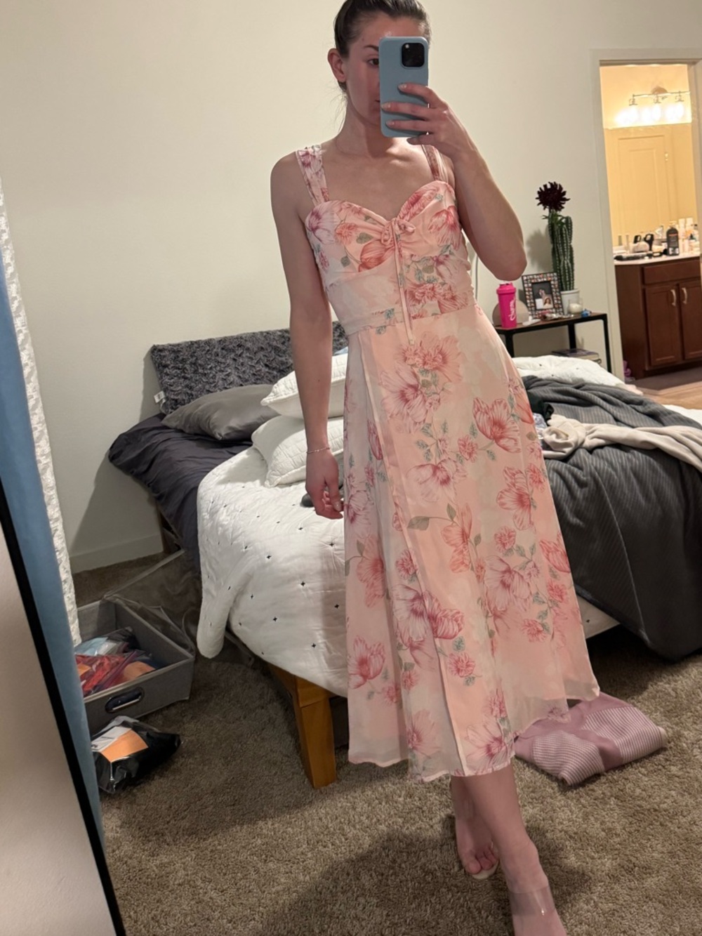 Yumi Kim Ariana Pink Floral Midi Dress with Sweetheart Bodice, S